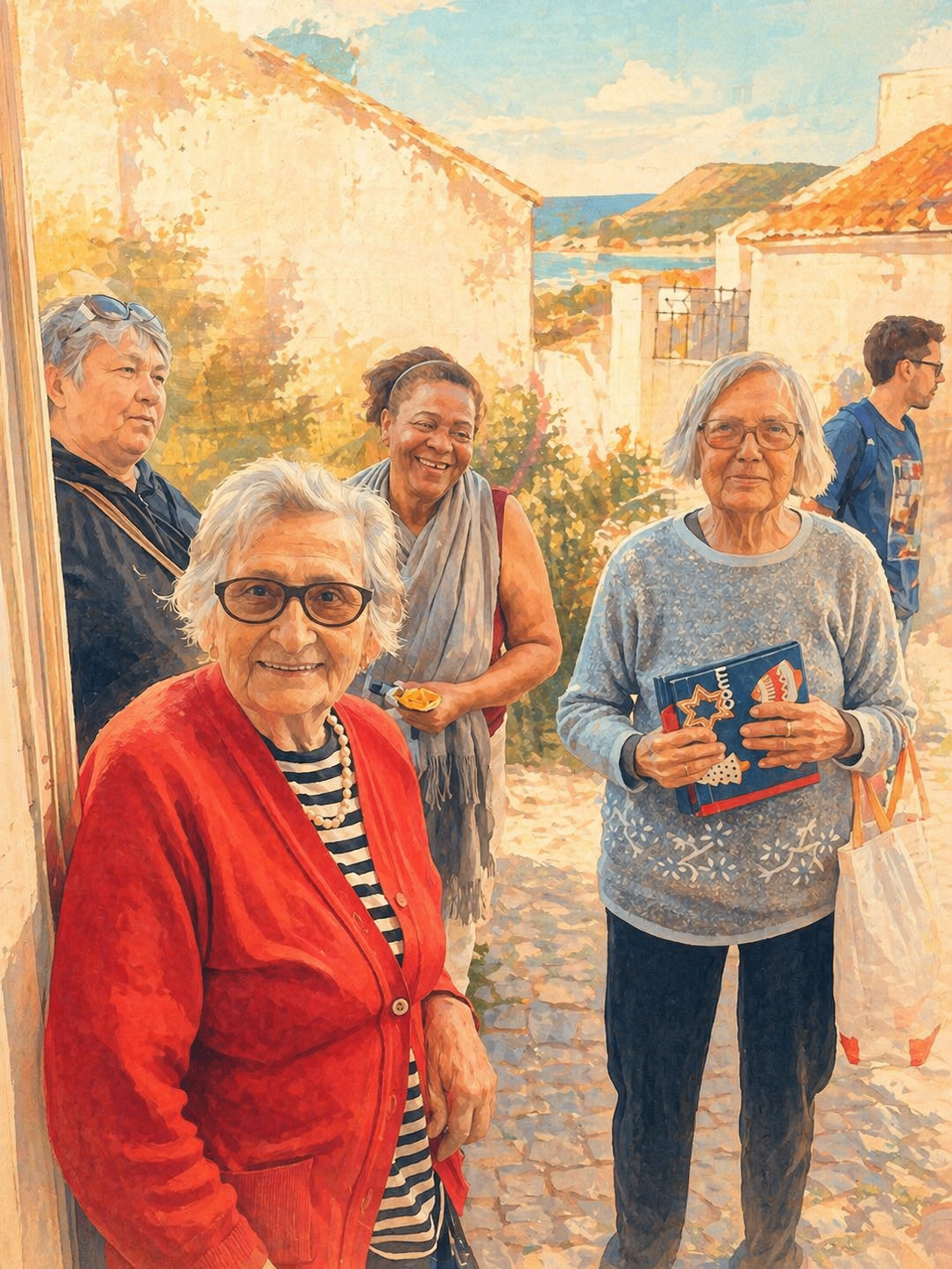 Community members and volunteers in a sunlit Portimão street