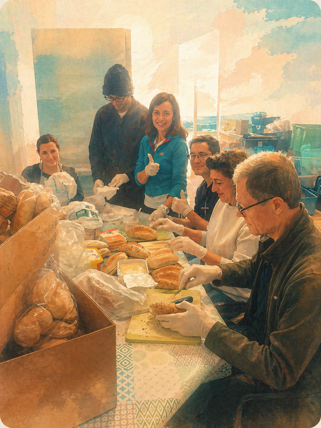 Soup Kitchen volunteers preparing sandwiches and bread together