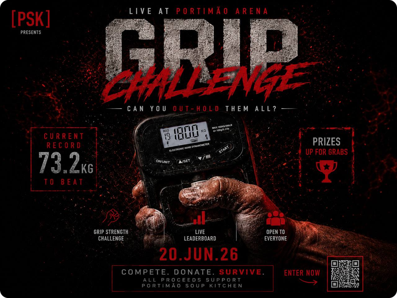 PSK Grip Challenge poster for the Portimão Soup Kitchen stand at Vortex on 20 June 2026